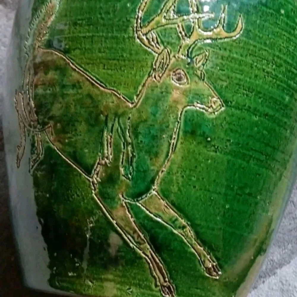 Handcrafted Green Stoneware Vase with Deer Design, Rustic Cottage Cabin Pottery